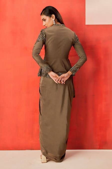 Rishi And Soujit Hand Embroidered Peplum Top & Drape Skirt 