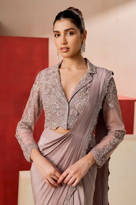 Rishi And Soujit Embroidered Cutdana Beads Pre-Draped Saree & Jacket 