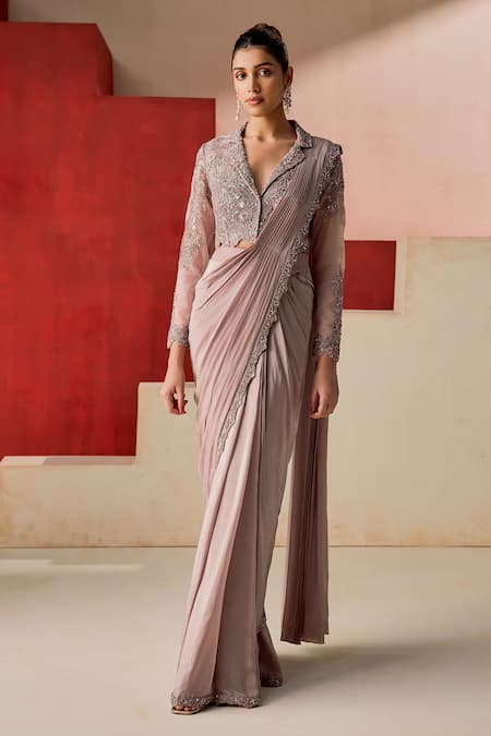 Rishi And Soujit Embroidered Cutdana Beads Pre-Draped Saree & Jacket 