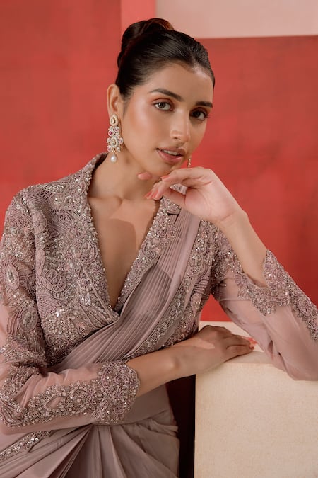 Buy_Rishi And Soujit_Pink Crepe, Organza Beads, Embroidery V-neck, Cutdana Pre-draped Saree And Jacket _Online_at_Aza_Fashions