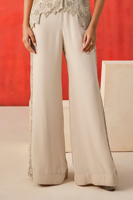 Buy_Rishi And Soujit_Ivory Crepe Sequins, Embroidery V-neck Jacket And Flared Pant Set _Online_at_Aza_Fashions