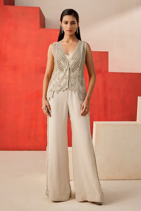 Rishi And Soujit Embroidered Jacket & Flared Pant Set 