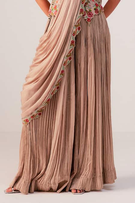 Buy Rishi And Soujit Beige Satin, Chiffon Embroidery, Waistcoat And Pleated Pre-draped Pant Saree Online at Aza Fashions Buy_Rishi And Soujit_Beige Satin, Chiffon Embroidery, Waistcoat And Pleated Pre-draped Pant Saree _Online_at_Aza_Fashions