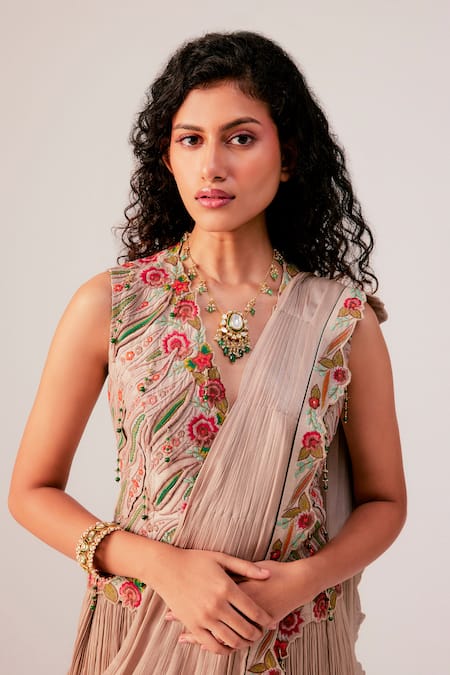 Shop Rishi And Soujit Beige Satin, Chiffon Embroidery, Waistcoat And Pleated Pre-draped Pant Saree Online at Aza Fashions Shop_Rishi And Soujit_Beige Satin, Chiffon Embroidery, Waistcoat And Pleated Pre-draped Pant Saree _Online_at_Aza_Fashions