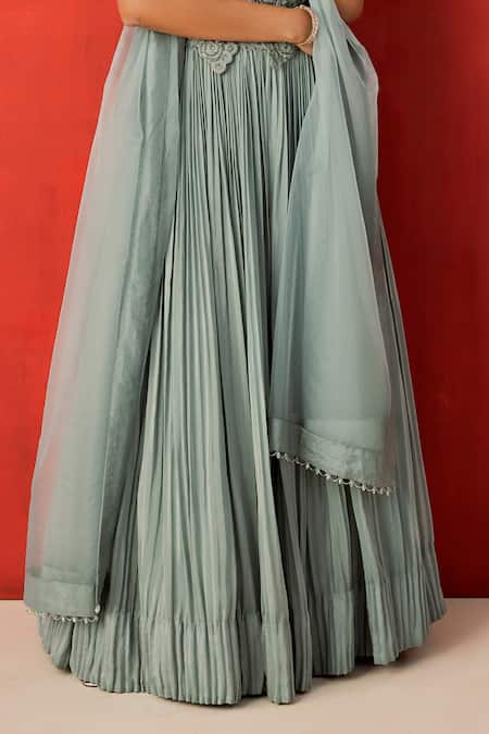 Buy_Rishi And Soujit_Blue Crepe, Organza Beads, Sequins, Embroidery V-neck Cutdana Lehenga Set _Online_at_Aza_Fashions