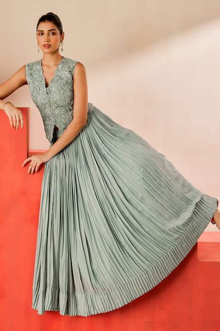 Rishi And Soujit_Blue Crepe, Organza Beads, Sequins, Embroidery V-neck Cutdana Lehenga Set _at_Aza_Fashions