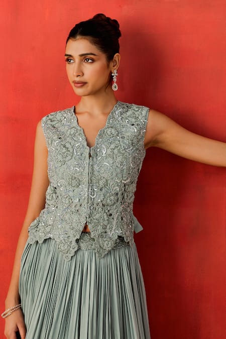 Buy_Rishi And Soujit_Blue Crepe, Organza Beads, Sequins, Embroidery V-neck Cutdana Lehenga Set 