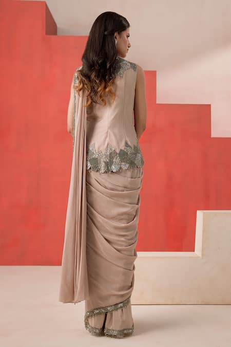 Rishi And Soujit Geometric Cutdana Sequin Pre-Draped Saree & Jacket Set 
