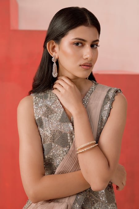 Buy_Rishi And Soujit_Beige Crepe, Organza Sequins, Geometric Cutdana Pre-draped Saree And Jacket Set _Online_at_Aza_Fashions