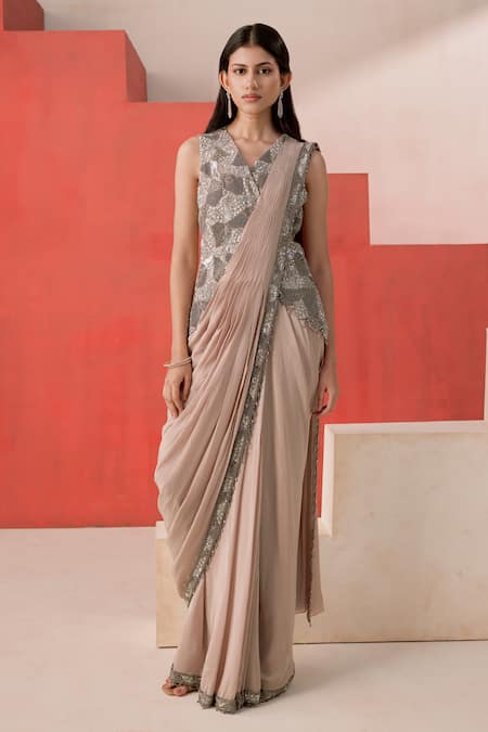 Rishi And Soujit Geometric Cutdana Sequin Pre-Draped Saree & Jacket Set 