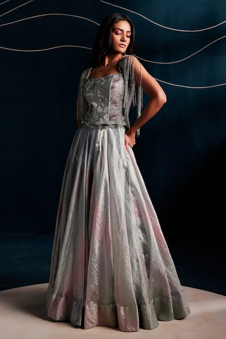 Buy_Rishi And Soujit_Blue Tissue Beads, Sequins Sweetheart Neck Hand Embroidered Corset And Lehenga _Online_at_Aza_Fashions