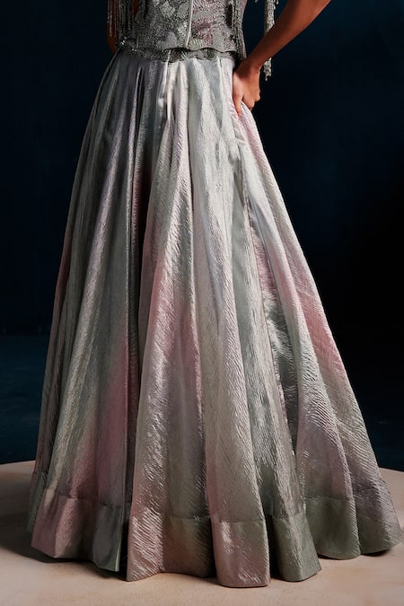 Shop_Rishi And Soujit_Blue Tissue Beads, Sequins Sweetheart Neck Hand Embroidered Corset And Lehenga _Online_at_Aza_Fashions