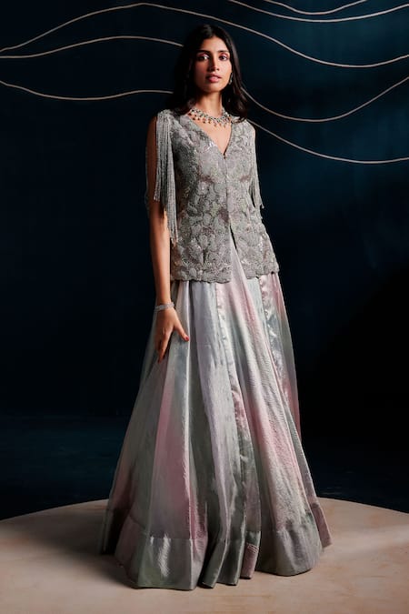 Rishi And Soujit_Blue Tissue Beads, Sequins, Fringe V-neck Hand Embroidered Jacket And Lehenga Set _Online_at_Aza_Fashions