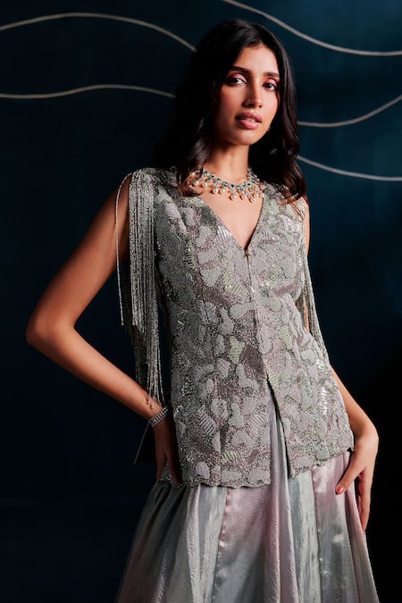 Buy_Rishi And Soujit_Blue Tissue Beads, Sequins, Fringe V-neck Hand Embroidered Jacket And Lehenga Set _Online_at_Aza_Fashions