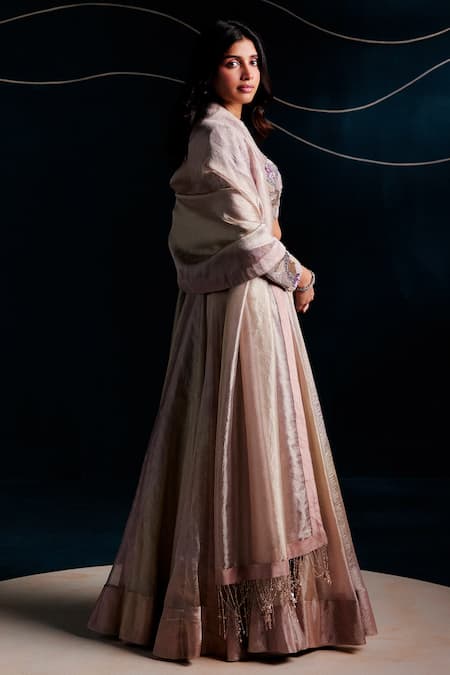 Shop_Rishi And Soujit_Pink Tissue Beads, Sequins, Embroidery V-neck Hand Lehenga Blouse And Dupatta _Online_at_Aza_Fashions