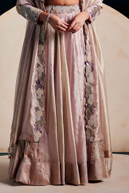 Rishi And Soujit_Pink Tissue Beads, Sequins, Embroidery V-neck Hand Lehenga Blouse And Dupatta _at_Aza_Fashions