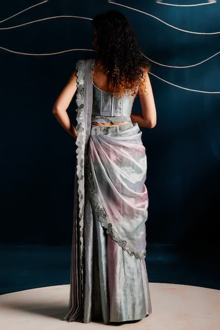 Rishi And Soujit Hand Embroidered Pant Saree Blouse & Belt Set