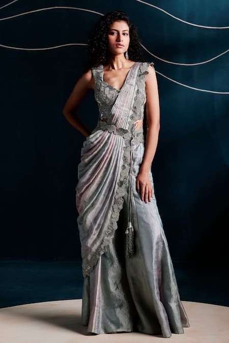 Rishi And Soujit Hand Embroidered Pant Saree Blouse & Belt Set