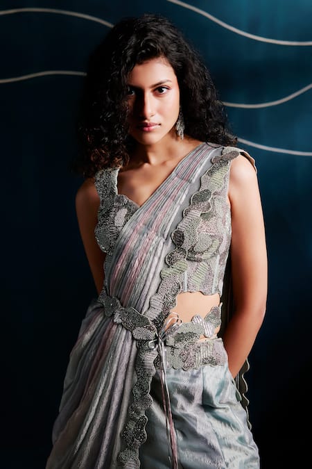 Rishi And Soujit Blue Tissue Sequins, Beads, Embroidery V-neck Hand Pant Saree Blouse And Belt Set Online at Aza Fashions Rishi And Soujit_Blue Tissue Sequins, Beads, Embroidery V-neck Hand Pant Saree Blouse And Belt Set _Online_at_Aza_Fashions