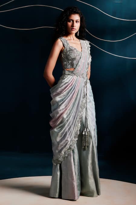 Buy Rishi And Soujit Blue Tissue Sequins, Beads, Embroidery V-neck Hand Pant Saree Blouse And Belt Set Online at Aza Fashions Buy_Rishi And Soujit_Blue Tissue Sequins, Beads, Embroidery V-neck Hand Pant Saree Blouse And Belt Set _Online_at_Aza_Fashions