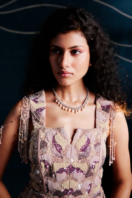 Buy_Rishi And Soujit_Pink Tissue Embroidery, Beads, Sequins Sweetheart Hand Peplum And Flared Pant Set _Online_at_Aza_Fashions