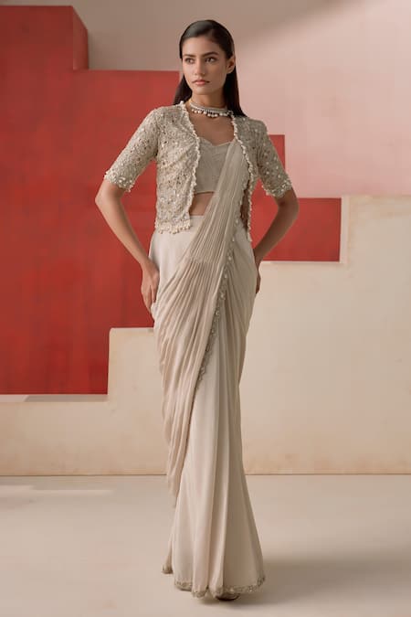 Rishi And Soujit Hand Embroidered Pre-Draped Saree Jacket Blouse 
