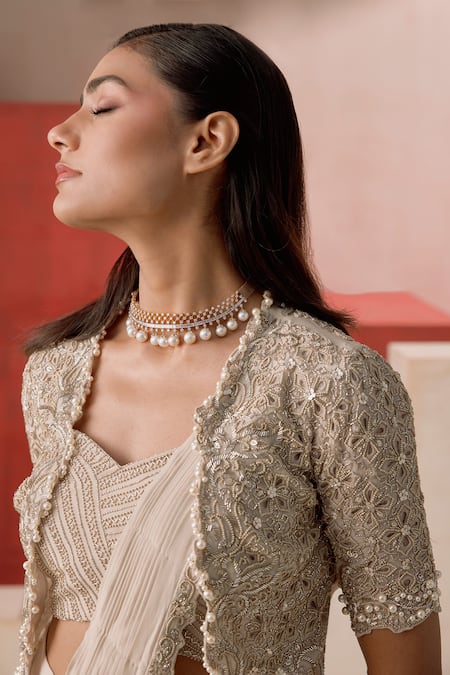 Shop_Rishi And Soujit_Ivory Crepe Beads, Sequins, Pearls, Hand Pre-draped Saree Jacket Blouse _Online_at_Aza_Fashions