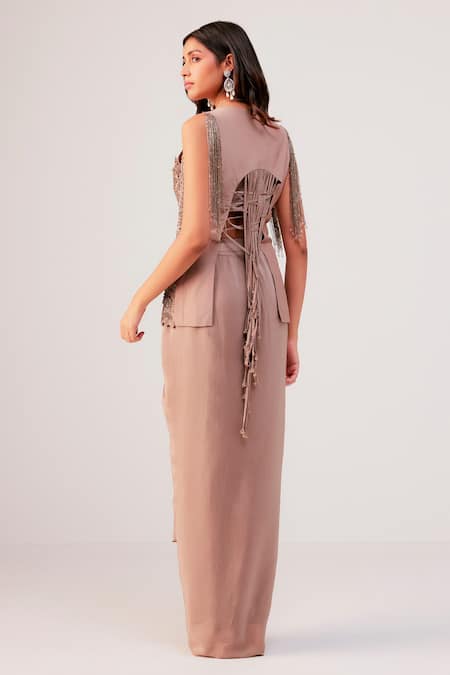 Rishi And Soujit Applique Embroidered Jacket Draped Skirt Set 