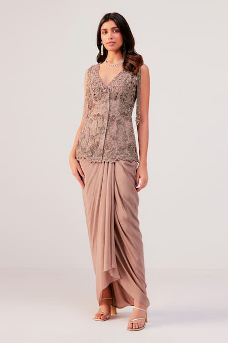 Rishi And Soujit Applique Embroidered Jacket Draped Skirt Set 