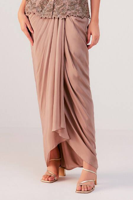 Buy_Rishi And Soujit_Beige Organza, Crepe Applique, Beads, Embroidered Jacket Draped Skirt Set _Online_at_Aza_Fashions