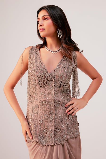 Shop_Rishi And Soujit_Beige Organza, Crepe Applique, Beads, Embroidered Jacket Draped Skirt Set _Online_at_Aza_Fashions