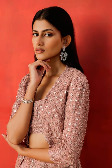 Shop Rishi And Soujit Pink Crepe Beads, Sequins, Pearls Open Floral Embroidered Jacket Lehenga Set Online at Aza Fashions Shop_Rishi And Soujit_Pink Crepe Beads, Sequins, Pearls Open Floral Embroidered Jacket Lehenga Set _Online_at_Aza_Fashions