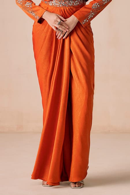 Buy_Rishi And Soujit_Orange Jacquard Beads, Sequins, Mirrors, Embroidery Jacket And Draped Skirt Set _Online_at_Aza_Fashions