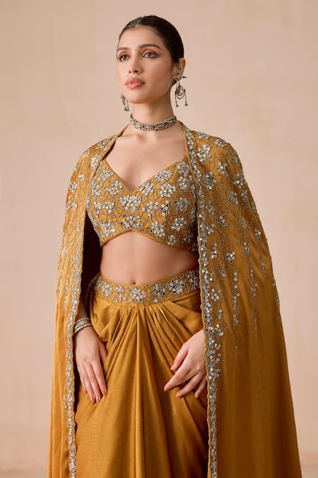 Buy_Rishi And Soujit_Mustard Jacquard Beads, Sequins, Mirrors, Embroidery Katdana Sequence Set _Online_at_Aza_Fashions