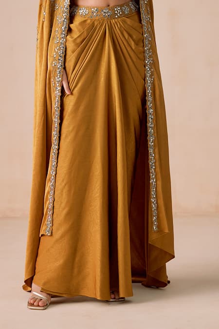 Shop_Rishi And Soujit_Mustard Jacquard Beads, Sequins, Mirrors, Embroidery Katdana Sequence Set _Online_at_Aza_Fashions