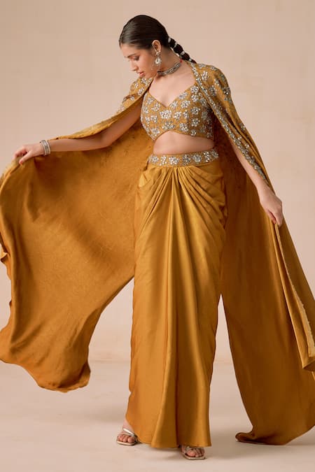 Rishi And Soujit_Mustard Jacquard Beads, Sequins, Mirrors, Embroidery Katdana Sequence Set _at_Aza_Fashions