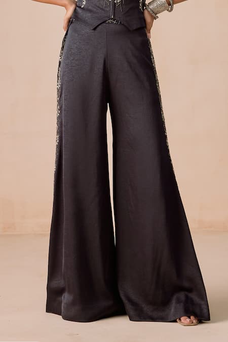 Buy_Rishi And Soujit_Navy Jacquard Embroidery, Sequins, Beads, Mirrors Waistcoat And Flared Pant Set _Online_at_Aza_Fashions