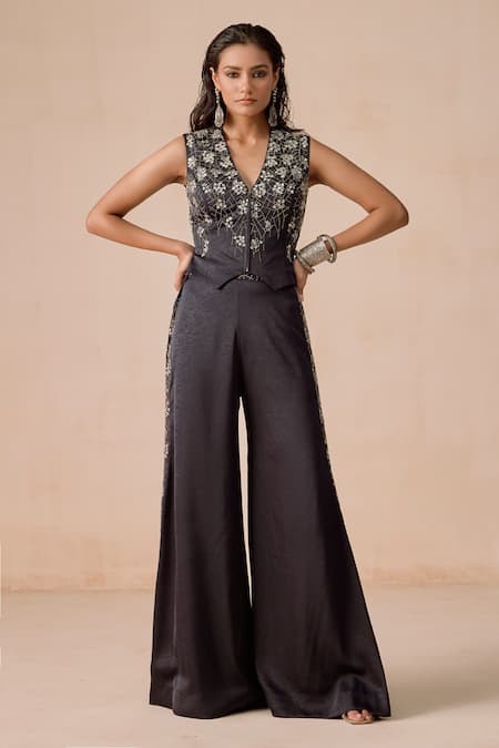 Rishi And Soujit Embroidered Waistcoat & Flared Pant Set 