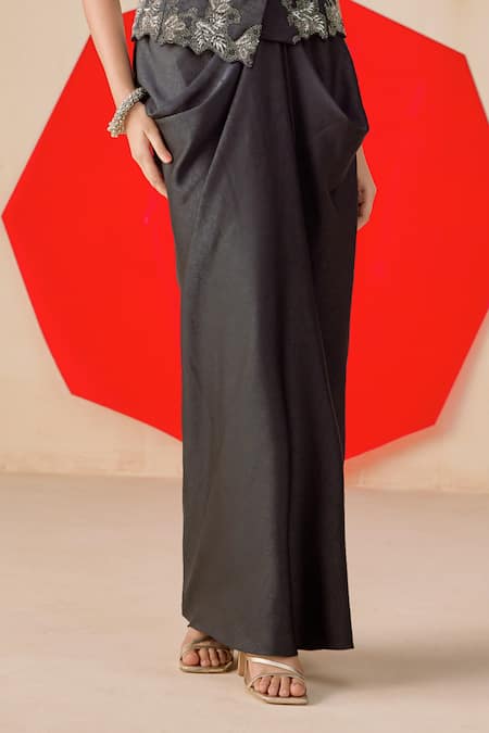 Buy_Rishi And Soujit_Navy Jacquard Sequins, Beads, Embroidery V-neck And Work Skirt Set _Online_at_Aza_Fashions