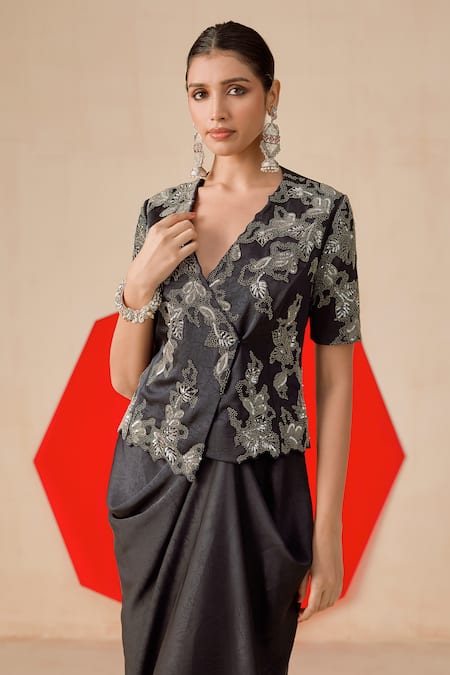 Shop_Rishi And Soujit_Navy Jacquard Sequins, Beads, Embroidery V-neck And Work Skirt Set _Online_at_Aza_Fashions