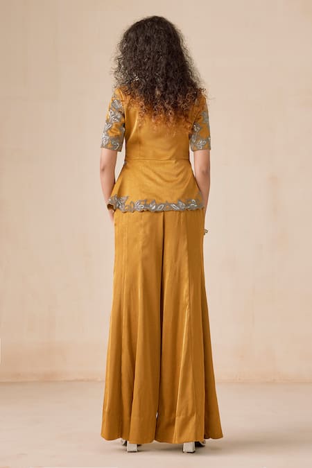 Rishi And Soujit Sequence Beads Embroidered Peplum Top & Flared Pant 