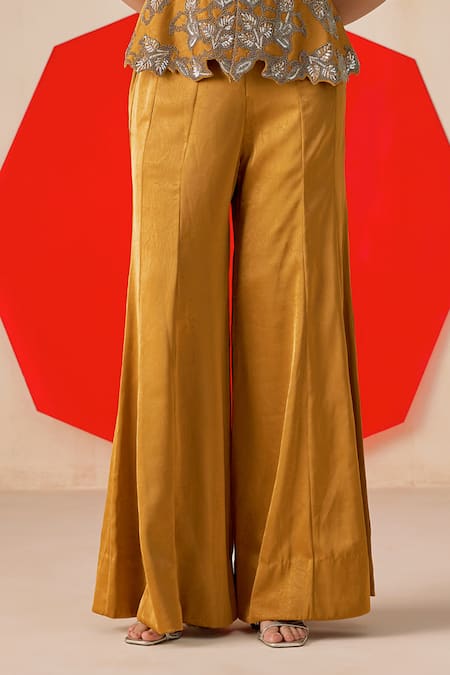 Rishi And Soujit_Mustard Jacquard Embroidery, Sequins, Beads Sequence Peplum Top And Pant _Online_at_Aza_Fashions