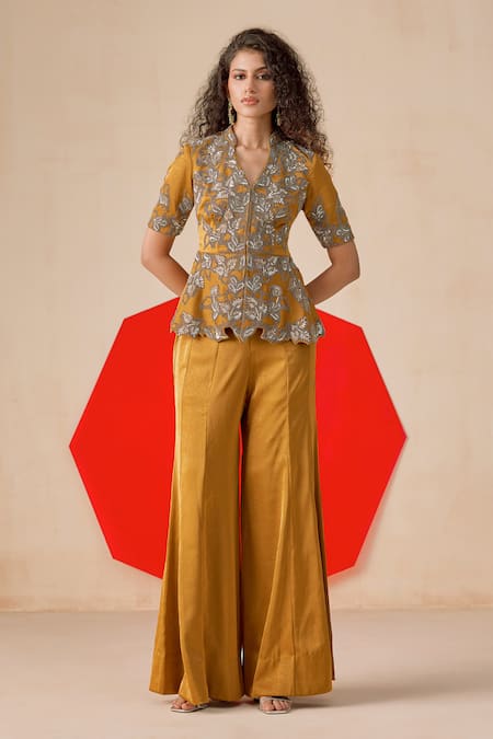 Rishi And Soujit Sequence Beads Embroidered Peplum Top & Flared Pant 