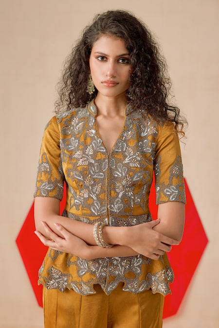 Buy_Rishi And Soujit_Mustard Jacquard Embroidery, Sequins, Beads Sequence Peplum Top And Pant _Online_at_Aza_Fashions