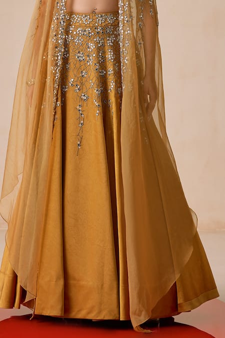 Rishi And Soujit_Mustard Jacquard Beads, Sequins, Mirrors, Katdana Sequence Work Lehenga Set _Online_at_Aza_Fashions
