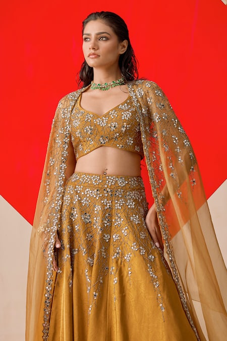 Buy_Rishi And Soujit_Mustard Jacquard Beads, Sequins, Mirrors, Katdana Sequence Work Lehenga Set _Online_at_Aza_Fashions