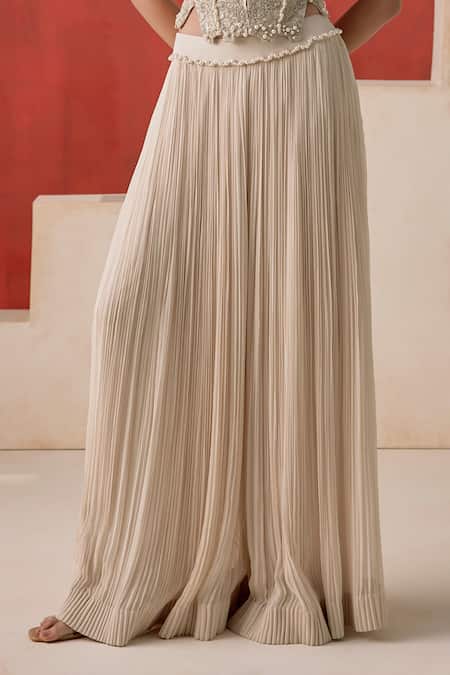 Rishi And Soujit_Ivory Crepe, Organza, Georgette Beads, Embroidered Corset And Gathered Pant Set _Online_at_Aza_Fashions