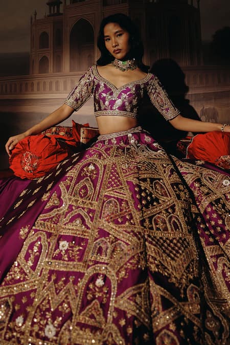 Shop_Sabe_Purple Silk, Brocade Embroidery, Sequins, Mehrunisa Ancient Domes Lehenga Set _Online_at_Aza_Fashions
