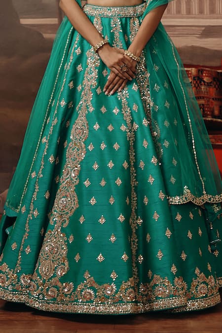 Shop Sabe Green Silk, Net Sequins, Pearls, Embroidery, Zari V-neck Panna Lehenga Set Online at Aza Fashions Shop_Sabe_Green Silk, Net Sequins, Pearls, Embroidery, Zari V-neck Panna Lehenga Set _Online_at_Aza_Fashions