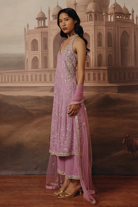 Buy_Sabe_Lilac Georgette, Net Embroidery, Gota Patti, Sequins Rania Chikankari Kurta Set _Online_at_Aza_Fashions